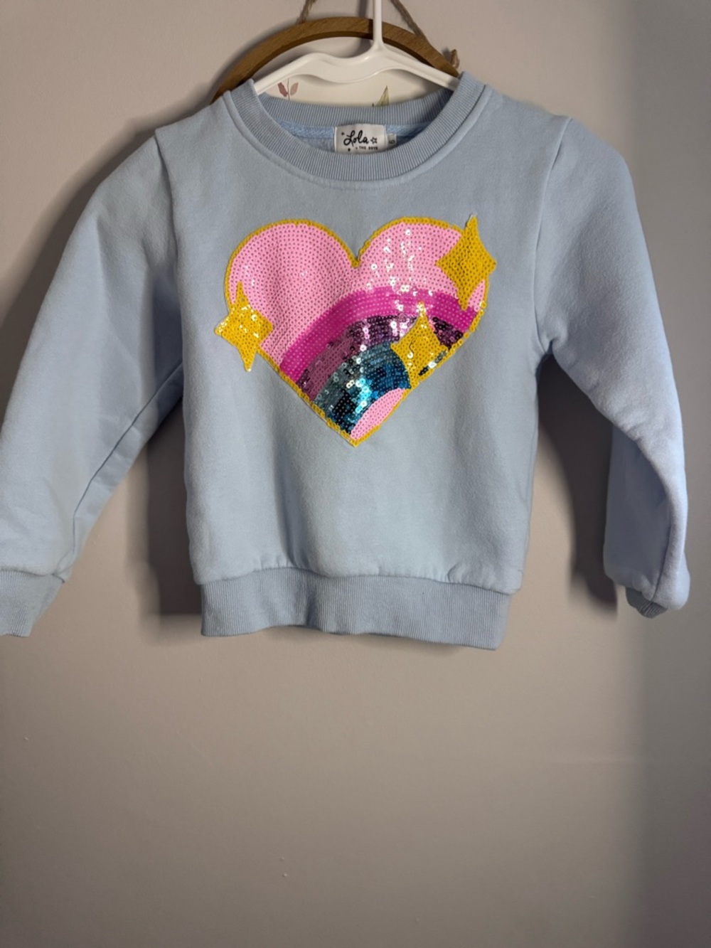 Lola + The Boys Pastel Blue Sequin Heart & Rainbow Sweatshirt